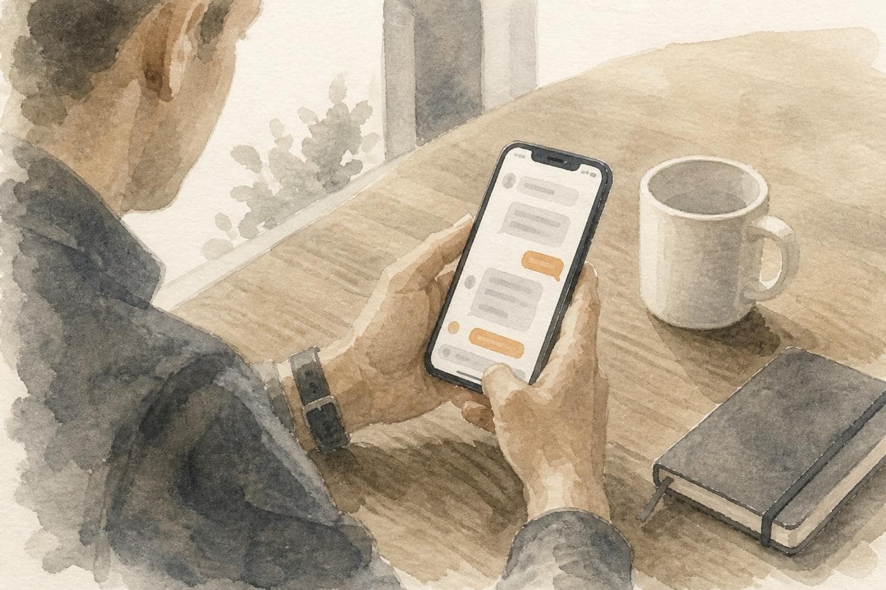 Une illustration à l’aquarelle d’une personne qui relit un échange sur son téléphone, avec un carnet posé à côté — la continuité du travail entre deux séances.